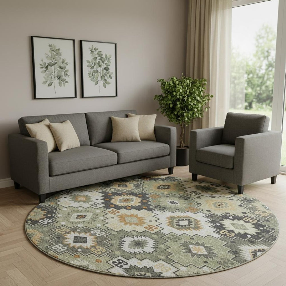 HomeRoots 8' X 10' Fern Green and Gold Geometric Washable Area Rug - UV Protected, Durable, Stylish Design 718651