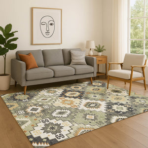 HomeRoots 9' X 12' Fern Green & Gold Geometric Area Rug - Washable, UV Protected, Non-Slip, Durable Design! 718652