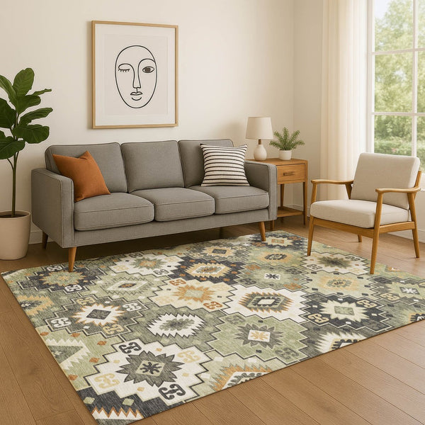 HomeRoots 9' X 12' Fern Green & Gold Geometric Area Rug - Washable, UV Protected, Non-Slip, Durable Design! 718652