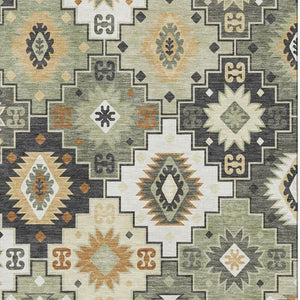 HomeRoots 9' X 12' Fern Green & Gold Geometric Area Rug - Washable, UV Protected, Non-Slip, Durable Design! 718652