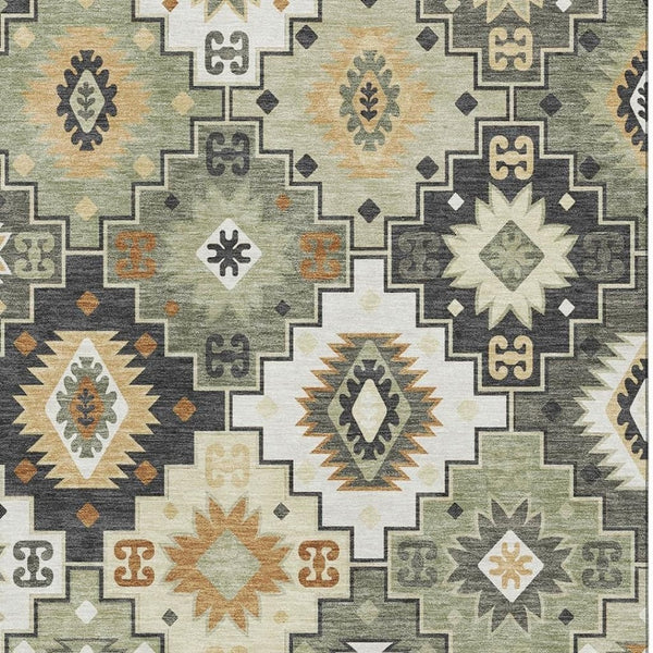 HomeRoots 9' X 12' Fern Green & Gold Geometric Area Rug - Washable, UV Protected, Non-Slip, Durable Design! 718652