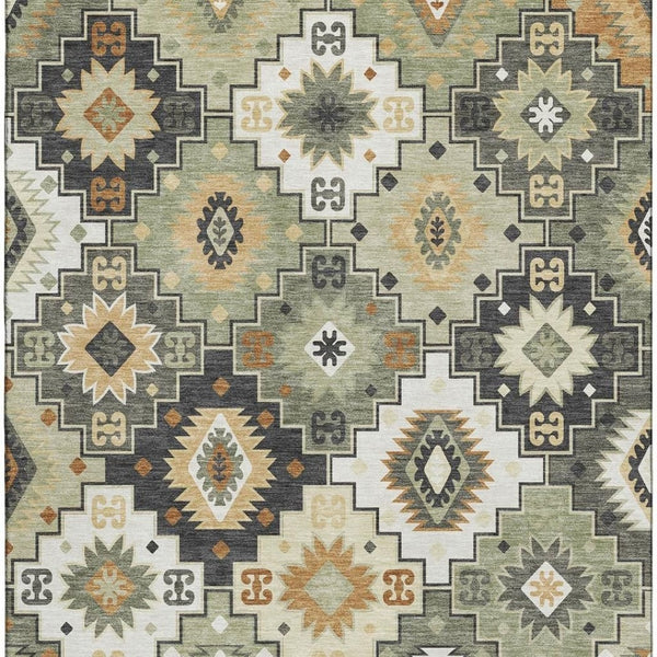 HomeRoots 9' X 12' Fern Green & Gold Geometric Area Rug - Washable, UV Protected, Non-Slip, Durable Design! 718652