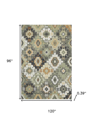 HomeRoots 9' X 12' Fern Green & Gold Geometric Area Rug - Washable, UV Protected, Non-Slip, Durable Design! 718652