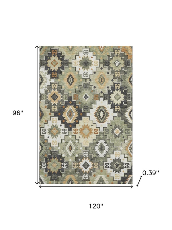 HomeRoots 9' X 12' Fern Green & Gold Geometric Area Rug - Washable, UV Protected, Non-Slip, Durable Design! 718652