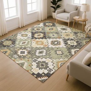 HomeRoots 9' X 12' Fern Green & Gold Geometric Area Rug - Washable, UV Protected, Non-Slip, Durable Design! 718652