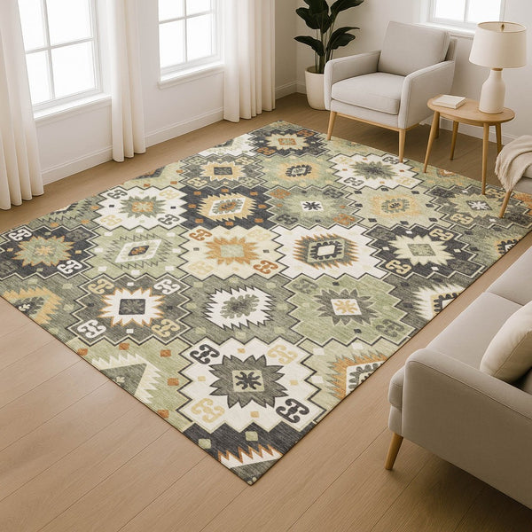 HomeRoots 9' X 12' Fern Green & Gold Geometric Area Rug - Washable, UV Protected, Non-Slip, Durable Design! 718652
