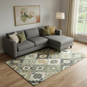 HomeRoots 9' X 12' Fern Green & Gold Geometric Area Rug - Washable, UV Protected, Non-Slip, Durable Design! 718652