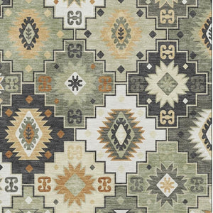 HomeRoots 10' X 14' Fern Green and Gold Geometric Area Rug - Washable, UV Protected, Ideal for High-Traffic Spaces 718653