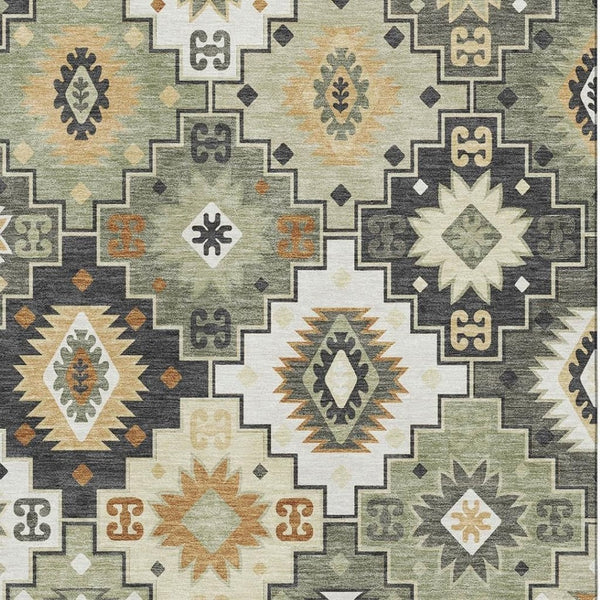 HomeRoots 10' X 14' Fern Green and Gold Geometric Area Rug - Washable, UV Protected, Ideal for High-Traffic Spaces 718653