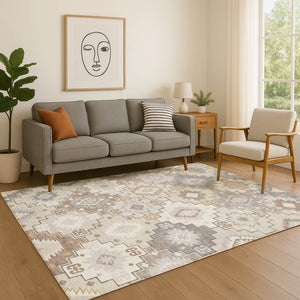 HomeRoots 5' X 8' Ivory and Gray Geometric Washable Area Rug - Stain-Resistant, UV Protected, Family-Friendly! 718655