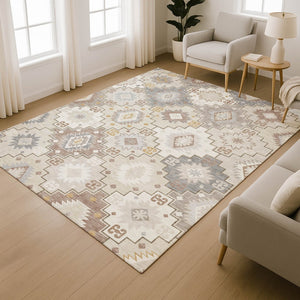 HomeRoots 5' X 8' Ivory and Gray Geometric Washable Area Rug - Stain-Resistant, UV Protected, Family-Friendly! 718655