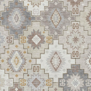 HomeRoots 8' Ivory and Gray Geometric Washable Round Rug with UV Protection for Stylish, Durable Home Spaces 718656
