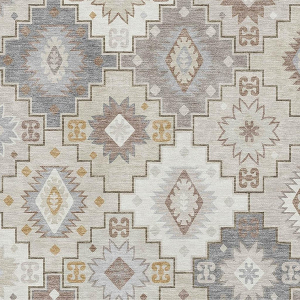HomeRoots 8' Ivory and Gray Geometric Washable Round Rug with UV Protection for Stylish, Durable Home Spaces 718656