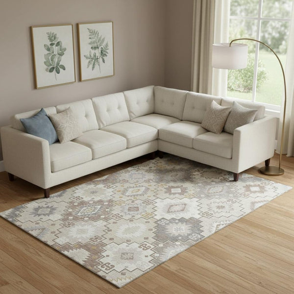 HomeRoots 9' X 12' Ivory And Gray Geometric Area Rug - Stylish, Washable, UV-Protected, Durable & Non-Slip! 718658