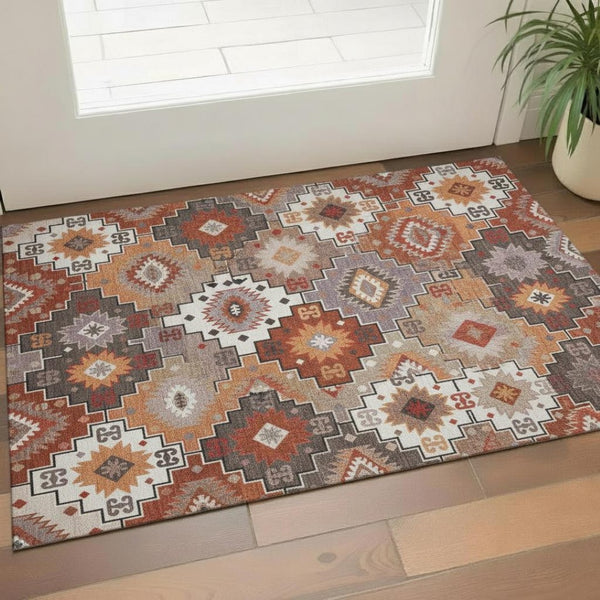HomeRoots 5' X 8' Modern Rust and Lavender Geometric Area Rug - Washable, UV Protected, Stain Resistant Design 718661