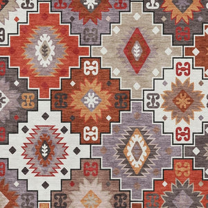 HomeRoots 8' Rust and Lavender Geometric Round Rug - Washable, UV Protected, Stylish, Durable for Any Space 718662