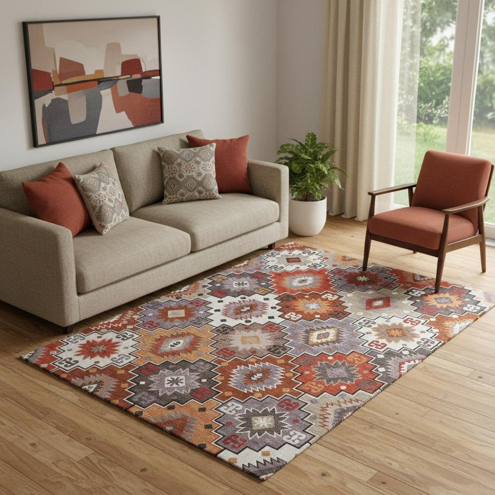 HomeRoots 8' Rust and Lavender Geometric Round Rug - Washable, UV Protected, Stylish, Durable for Any Space 718662