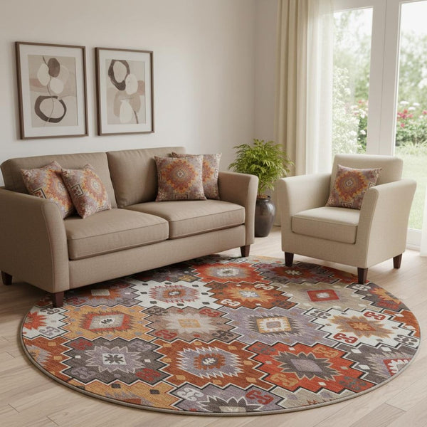 HomeRoots 8' X 10' Geometric Washable Area Rug in Rust & Lavender - UV Protected, Durable, Easy-Care Design 718663