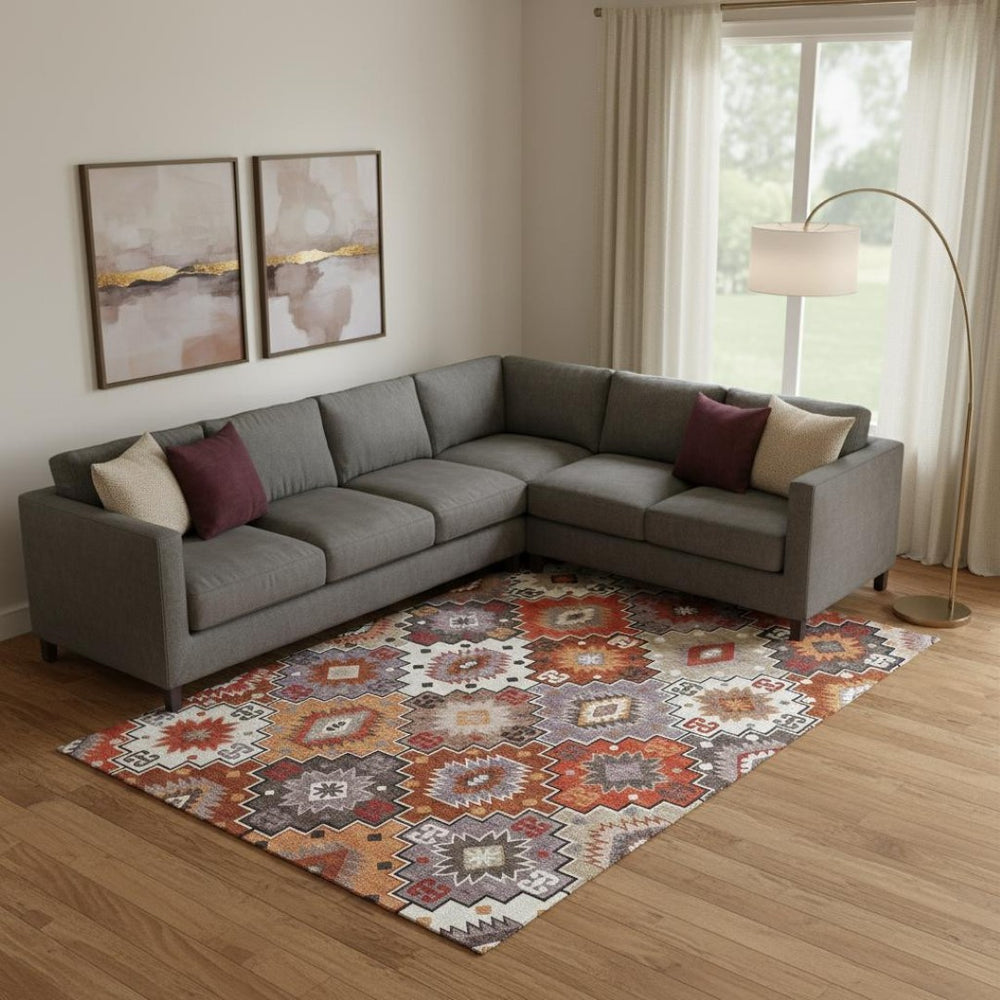 HomeRoots 9' X 12' Geometric Washable Area Rug in Rust & Lavender - Durable, UV Protected, & Pet Friendly! 718664