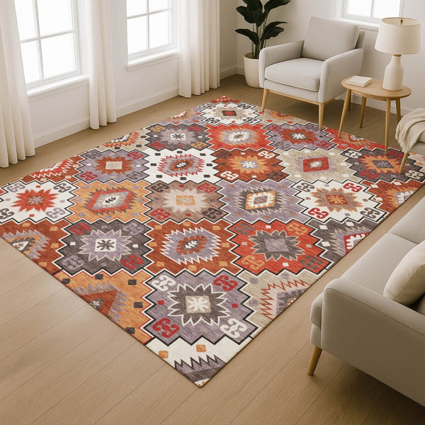 HomeRoots 10' X 14' Stylish Rust and Lavender Geometric Area Rug – Durable, Washable, UV Protected Design! 718665