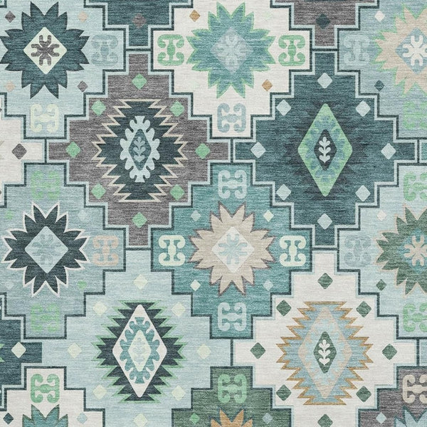HomeRoots 5' X 8' Teal and Ivory Geometric Area Rug - Washable, UV Protected, Stain Resistant for High Traffic Areas 718667