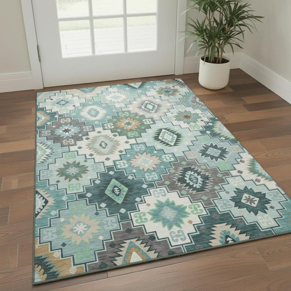 HomeRoots 5' X 8' Teal and Ivory Geometric Area Rug - Washable, UV Protected, Stain Resistant for High Traffic Areas 718667