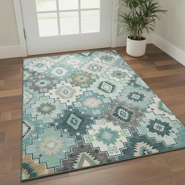 HomeRoots 5' X 8' Teal and Ivory Geometric Area Rug - Washable, UV Protected, Stain Resistant for High Traffic Areas 718667