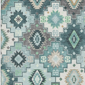 HomeRoots 8' Teal and Ivory Geometric Round Rug - Washable, UV-Protected, Stain-Resistant for Modern Homes 718668