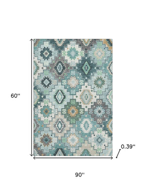 HomeRoots 8' Teal and Ivory Geometric Round Rug - Washable, UV-Protected, Stain-Resistant for Modern Homes 718668