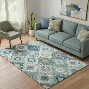 HomeRoots 8' Teal and Ivory Geometric Round Rug - Washable, UV-Protected, Stain-Resistant for Modern Homes 718668