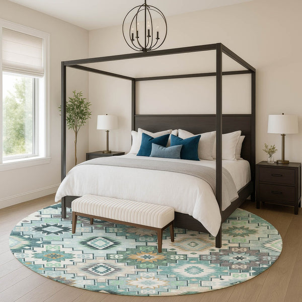 HomeRoots 8' X 10' Modern Teal And Ivory Geometric Area Rug - Washable, UV-Protected, Durable & Stylish Home Accent 718669