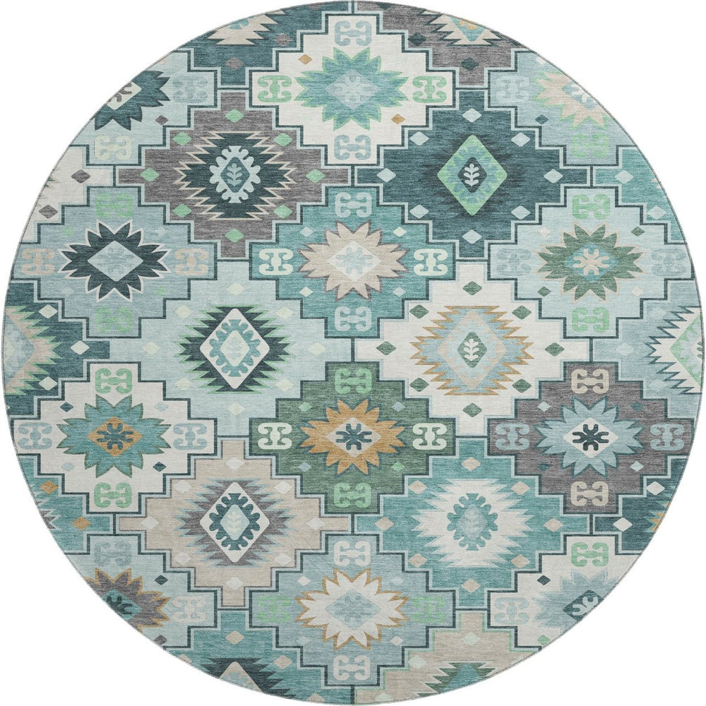 HomeRoots 8' X 10' Modern Teal And Ivory Geometric Area Rug - Washable, UV-Protected, Durable & Stylish Home Accent 718669