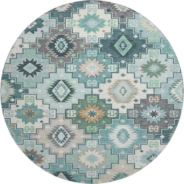 HomeRoots 8' X 10' Modern Teal And Ivory Geometric Area Rug - Washable, UV-Protected, Durable & Stylish Home Accent 718669