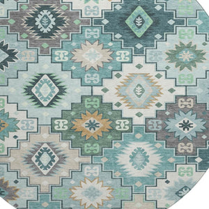 HomeRoots 8' X 10' Modern Teal And Ivory Geometric Area Rug - Washable, UV-Protected, Durable & Stylish Home Accent 718669