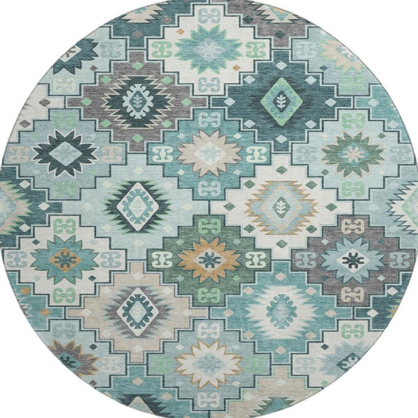 HomeRoots 8' X 10' Modern Teal And Ivory Geometric Area Rug - Washable, UV-Protected, Durable & Stylish Home Accent 718669