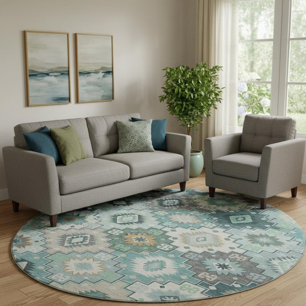 HomeRoots 8' X 10' Modern Teal And Ivory Geometric Area Rug - Washable, UV-Protected, Durable & Stylish Home Accent 718669