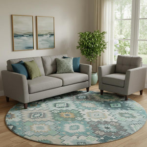 HomeRoots 8' X 10' Modern Teal And Ivory Geometric Area Rug - Washable, UV-Protected, Durable & Stylish Home Accent 718669