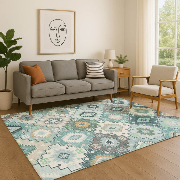 HomeRoots 9' X 12' Teal and Ivory Geometric Washable Area Rug - UV Protected, Stain-Resistant, Durable Design! 718670