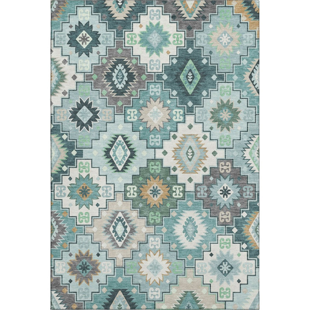 HomeRoots 9' X 12' Teal and Ivory Geometric Washable Area Rug - UV Protected, Stain-Resistant, Durable Design! 718670