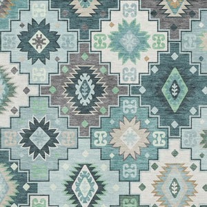 HomeRoots 9' X 12' Teal and Ivory Geometric Washable Area Rug - UV Protected, Stain-Resistant, Durable Design! 718670