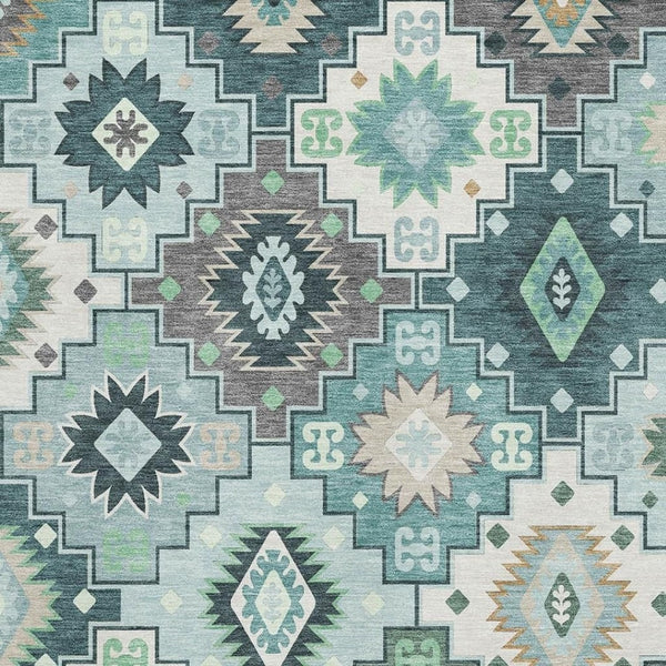 HomeRoots 9' X 12' Teal and Ivory Geometric Washable Area Rug - UV Protected, Stain-Resistant, Durable Design! 718670