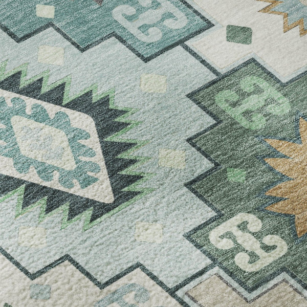HomeRoots 9' X 12' Teal and Ivory Geometric Washable Area Rug - UV Protected, Stain-Resistant, Durable Design! 718670