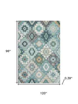 HomeRoots 9' X 12' Teal and Ivory Geometric Washable Area Rug - UV Protected, Stain-Resistant, Durable Design! 718670