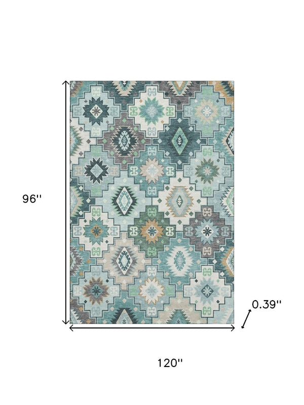 HomeRoots 9' X 12' Teal and Ivory Geometric Washable Area Rug - UV Protected, Stain-Resistant, Durable Design! 718670
