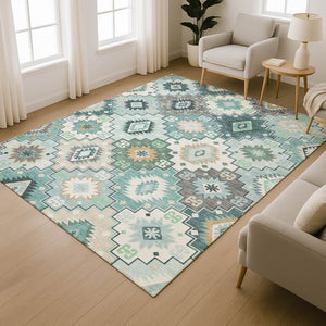 HomeRoots 9' X 12' Teal and Ivory Geometric Washable Area Rug - UV Protected, Stain-Resistant, Durable Design! 718670