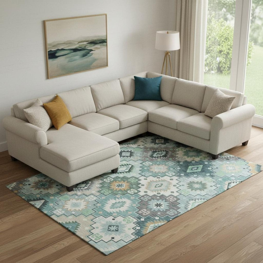 HomeRoots 9' X 12' Teal and Ivory Geometric Washable Area Rug - UV Protected, Stain-Resistant, Durable Design! 718670