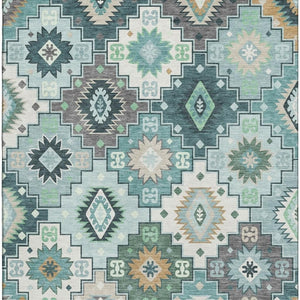 HomeRoots 10' X 14' Teal and Ivory Geometric Area Rug - Washable, UV-Protected, Pet-Friendly for Busy Homes 718671