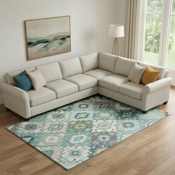 HomeRoots 10' X 14' Teal and Ivory Geometric Area Rug - Washable, UV-Protected, Pet-Friendly for Busy Homes 718671