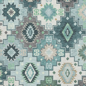 HomeRoots 10' X 14' Teal and Ivory Geometric Area Rug - Washable, UV-Protected, Pet-Friendly for Busy Homes 718671