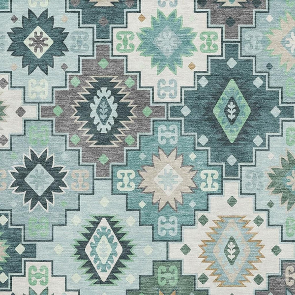 HomeRoots 10' X 14' Teal and Ivory Geometric Area Rug - Washable, UV-Protected, Pet-Friendly for Busy Homes 718671